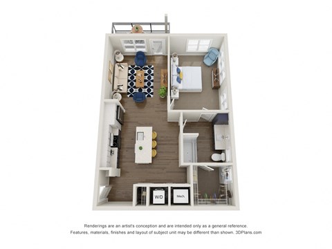 Floor plan for 1 bed, 1 bath, 855 sqft